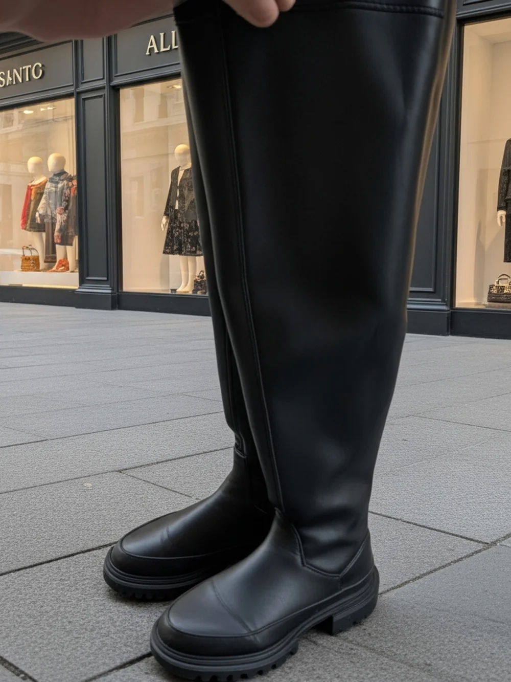 AllSaints Leona Black Leathee Over-The-Knee Lug-Sole Boots SZ 8